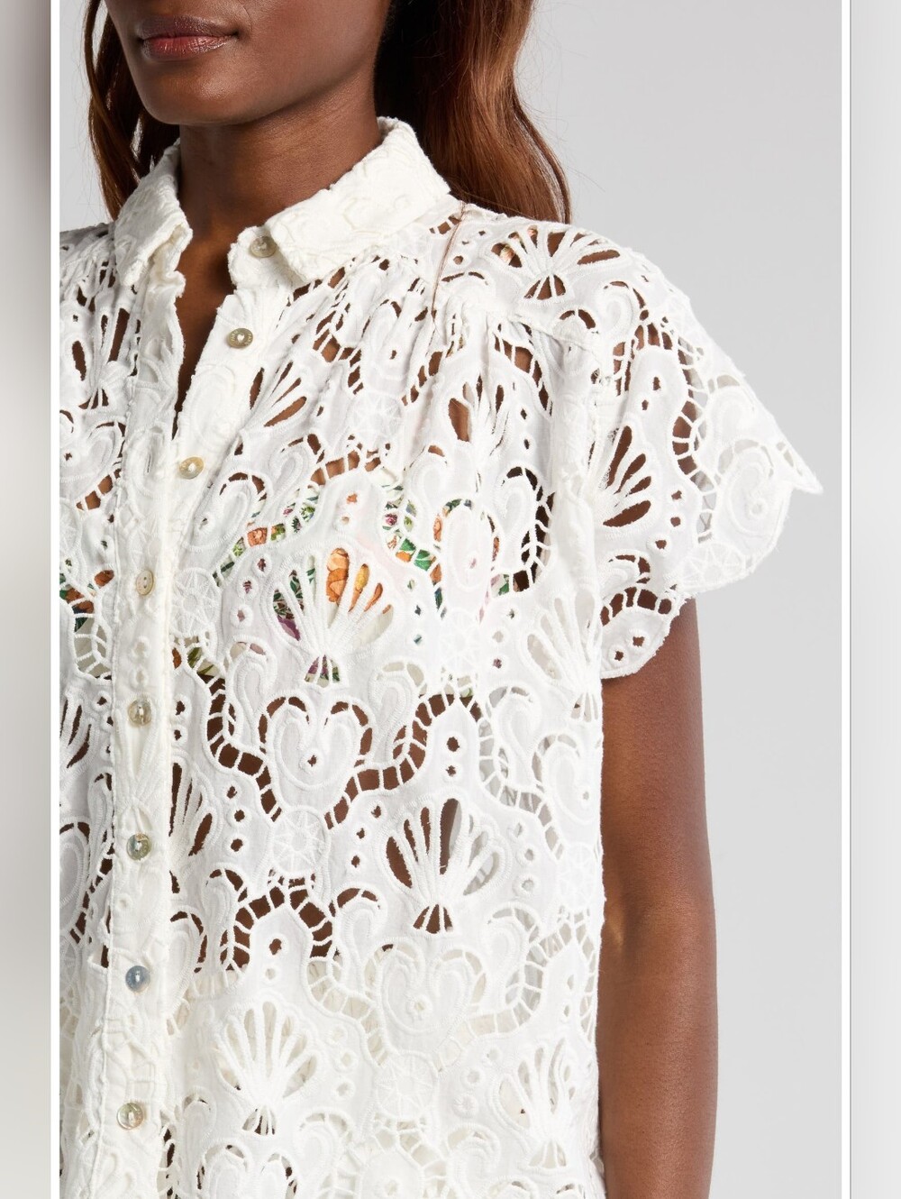 FARM Rio Seashell Embroidered Eyelet Cotton Button-Up Shirt - Picture 7 of 15